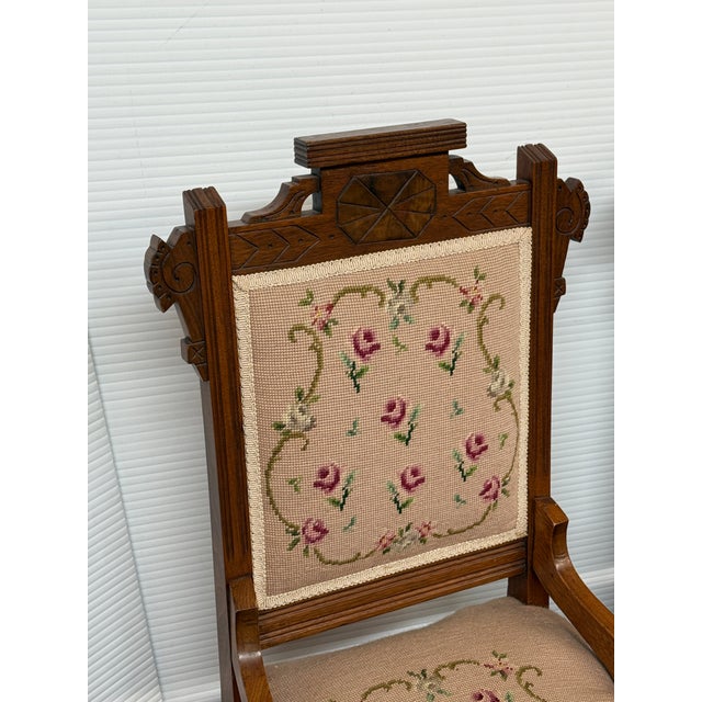 Wood Victorian Eastlake Needlepoint Parlor Side Chairs, Pair For Sale - Image 7 of 13