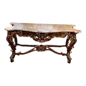 Early 20th Century French Louis XV Style Parcel Gilt Decorated Fruitwood and Marble Top Console Table