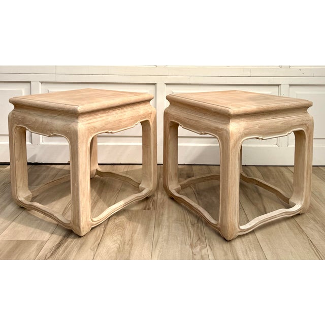 Pair of Vintage Ming-Style Solid Wood Side Tables in Bleached Whitewash Finish For Sale In Los Angeles - Image 6 of 12