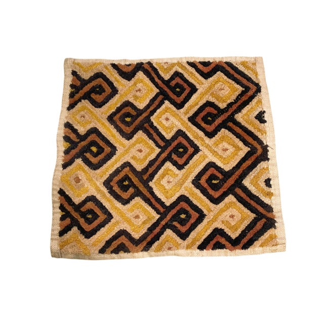 Textile Vintage African Tribal Kuba Kasai Velvet Raffia Textile 24" by 23" For Sale - Image 7 of 8