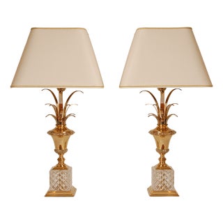 Mid-Century Hollywood Regency Table Lamps in Crystal and Gilt Brass Reed by Maison Jansen for Maison Charles, 1970s, Set of 2 For Sale