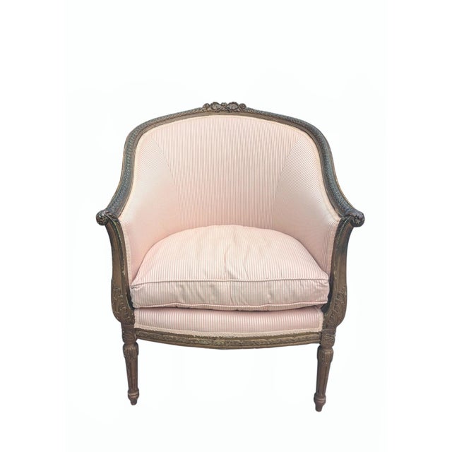 Late 19th Century Bergere Tub Chair With Light Pink Ticking Stripe Upholstery For Sale - Image 4 of 17