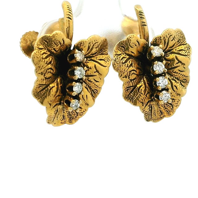 Vintage 14k Gold Diamond Leaf Earrings, American Mid-Century Screw Back Clips, A Pair For Sale - Image 11 of 12
