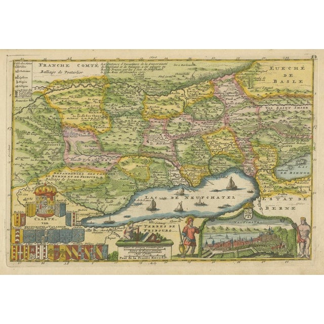 Decorative Antique Map of Neuchâtel & Lake Neuchâtel with Heraldry, 1706 This beautifully detailed antique map depicts the...