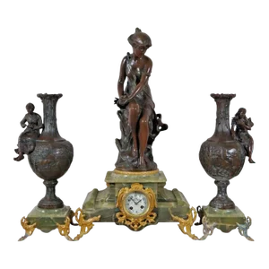 Antique Bronze Hirondelle Blessee Alfred Foretay Garniture Mantel Clock & Urns