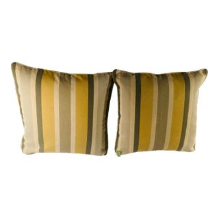 Pair of Gold, Cream & Olive Square Stripe Decorative Pillows For Sale