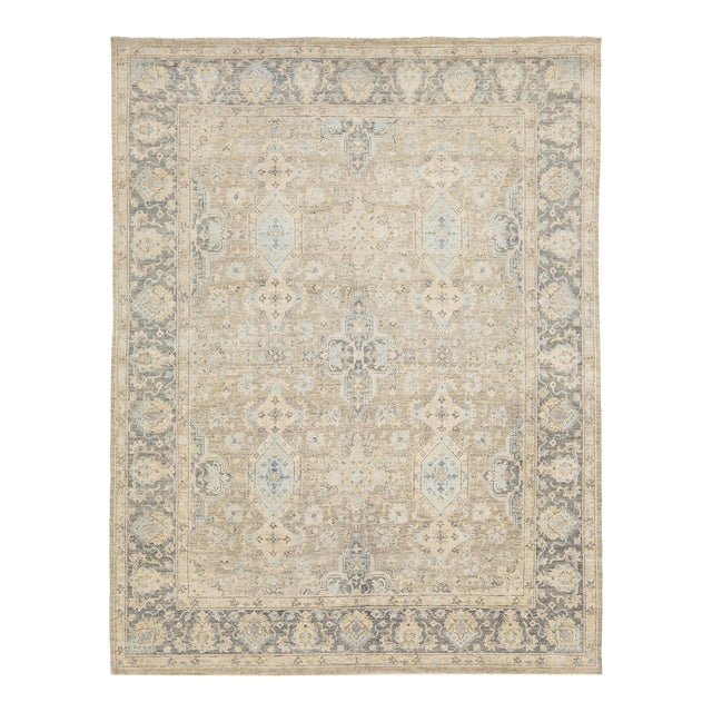 Modern Transitional Tabriz Style Hand-Knotted Wool & Silk Area Rug in Beige For Sale