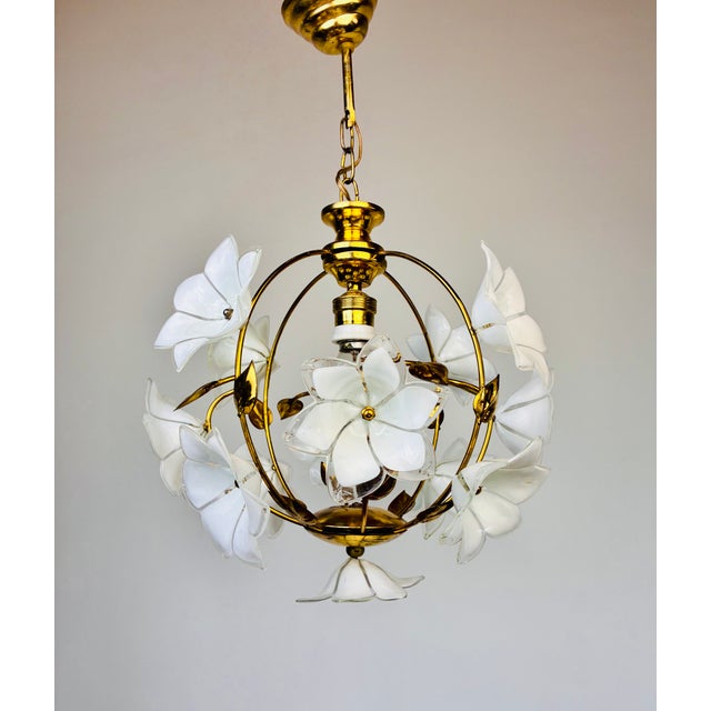Vintage Murano Style White Floral Globe Chandelier - Brass Finish For Sale - Image 6 of 15