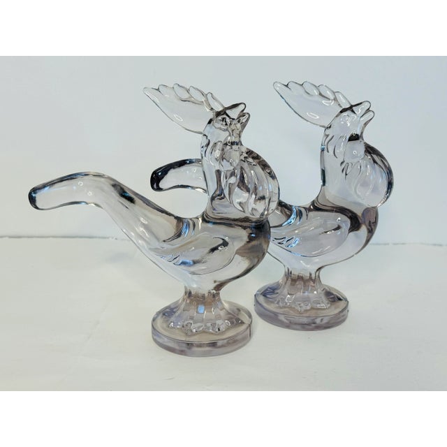 Transparent Vintage 1940s Tall Solid Glass Rooster Figurines, a Pair For Sale - Image 8 of 8