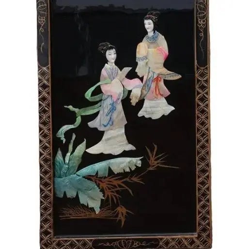 Antique Mid-Century Chinese Black Lacquer Wall Panels: Set of 4 With Raised Hardstone and Mother-of-Pearl Inlay For Sale - Image 4 of 16