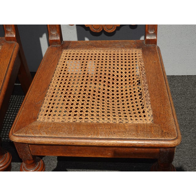 Set of Four Antique Jacobean Oak Cane Dining Chairs W Carved Backrests For Sale - Image 9 of 12