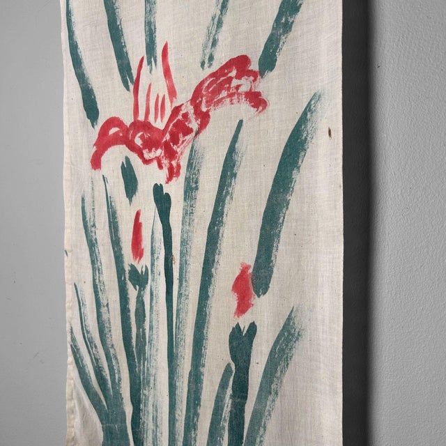 Dimensions: height 118 cm, width 34 cm. Unique Japanese vintage wall decoration made of cotton with a hand-painted iris....