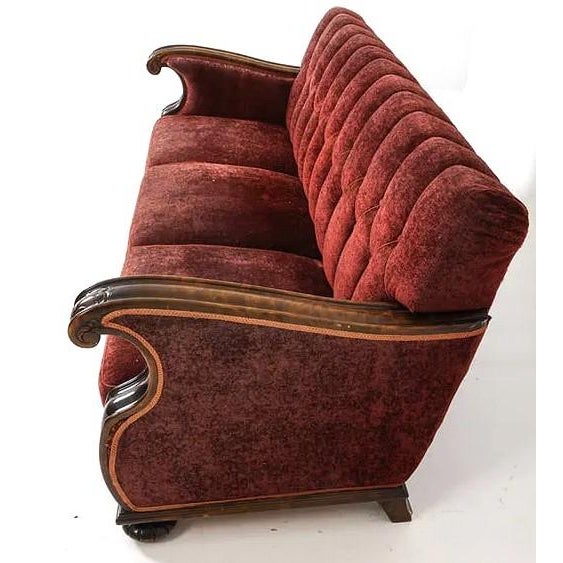 1940s Swedish Art Deco Traditional Transition Sofa Velour Upholstery & Carved Arms For Sale - Image 4 of 15