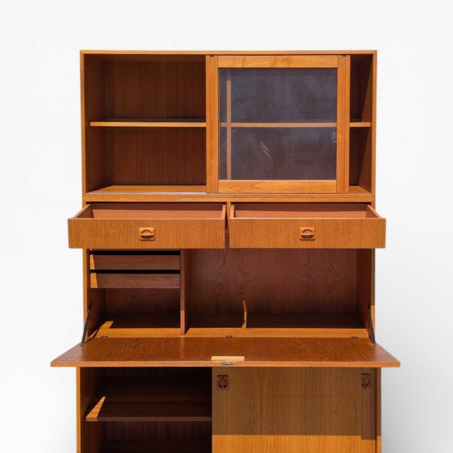 Wood Mid-Century Teak Bookcase With Drop-Front Desk and Lighting, Mid-Century Modern For Sale - Image 7 of 18