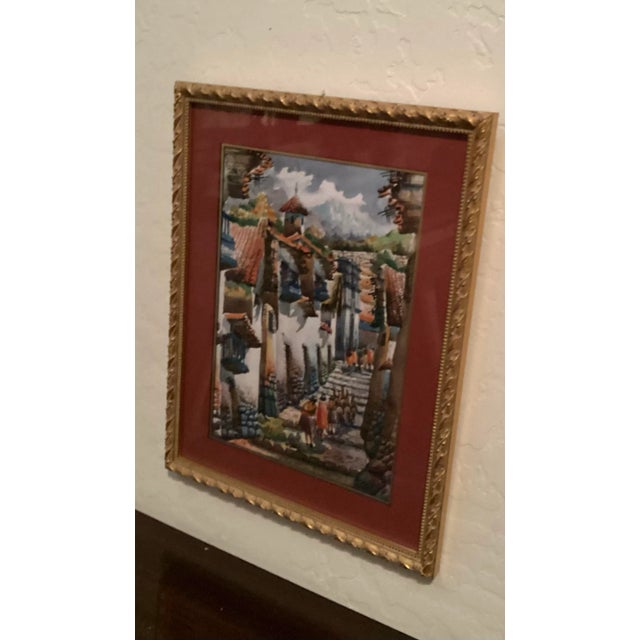 Brick Red 2002, Original Watercolor, Landscape/Cityscape of Rustic Village Scene With People, Animals and Mountains. Signed by Artist, “Julio, Qb” For Sale - Image 8 of 10