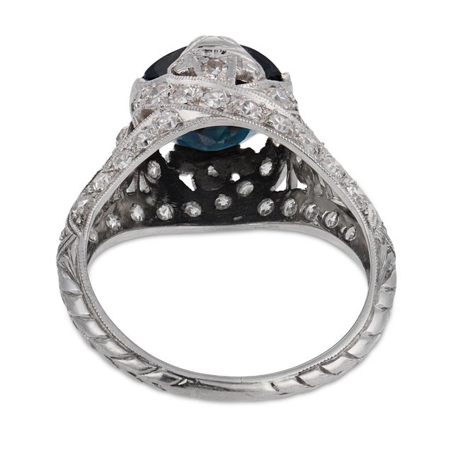 1930s Art Deco Gia 2.60 Carat No Heat Sapphire Diamond Platinum Filigree Ring, Size 5.25 For Sale In Los Angeles - Image 6 of 8