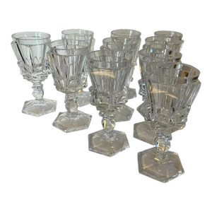 Antique 19th Century American Classical Raised Panel Flint Crystal Wine or Sherry Glasses- Set of 10