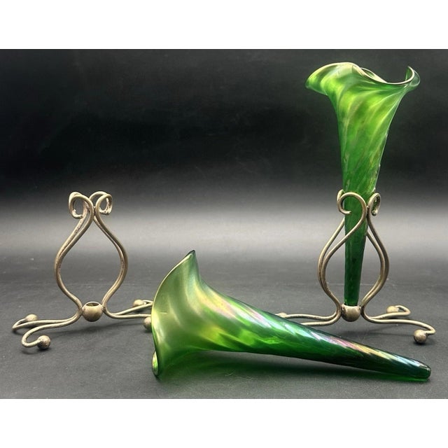 Antique Victorian Glass Epergne Trumpet Horn Vase Green Opaline Metal Base Pair For Sale - Image 9 of 17