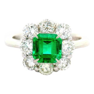 Superb Colombian Emerald Diamond Platinum Halo Ring, Gia Certified, Size 6.25 For Sale