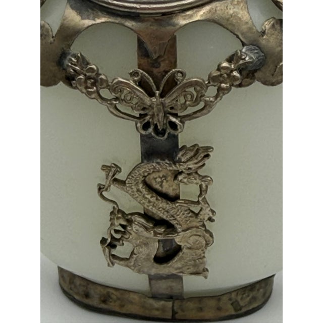 Opaline Glass Snuff Bottle Embellished With Silver Tone Dragons and Lions For Sale - Image 11 of 17