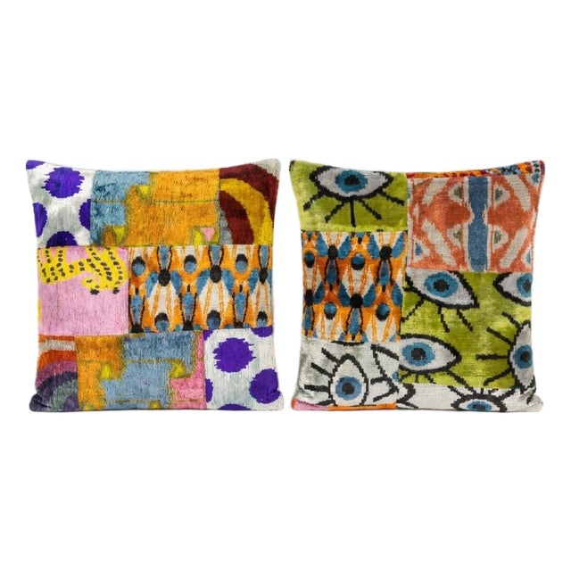 Uzbek Ikat Velvet Pillow Cover 19'' X 20'' - Set of Two For Sale