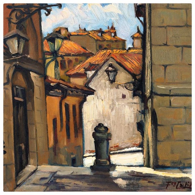 Painting “Street with Houses” - signed Fco. Castillo. Descriptive title: Old street with houses and lamps....