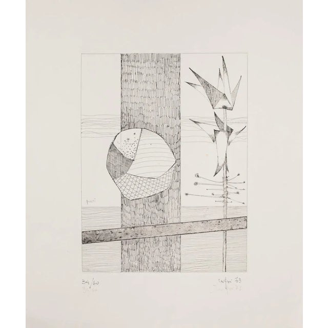Composition is an original contemporary artwork realized by Rolando Persi in 1973. Original Etching on paper. Hand-signed...