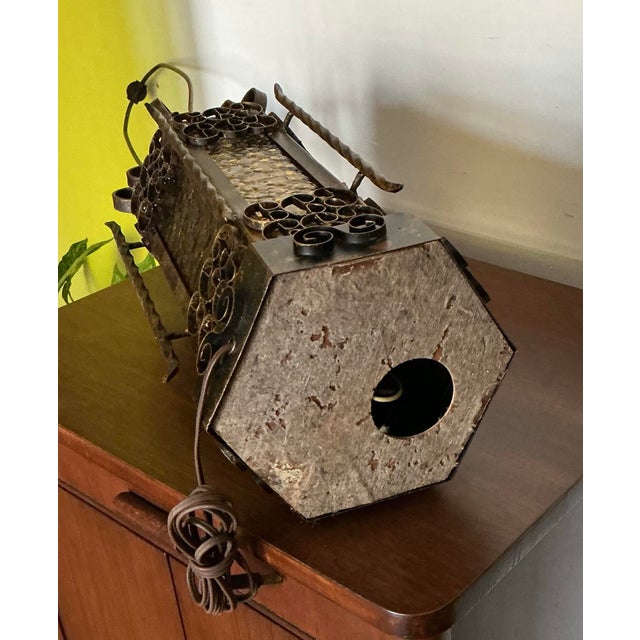 Pair Vintage Mid-Century Spanish Revival Table Lamps Wrought Iron Glass Panels, C. 60s For Sale - Image 11 of 12