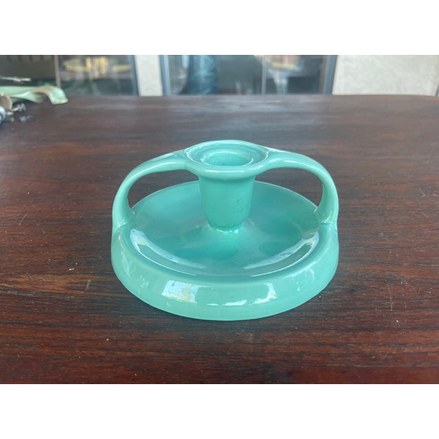 Mid-Century Modern Mid Century Aqua Blue Double Handle Candlestick With Original Store Label For Sale - Image 3 of 7