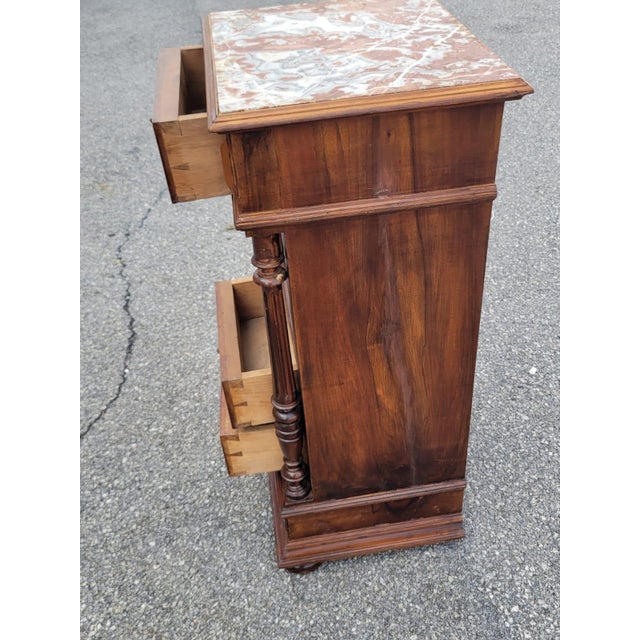 19th Century French Antique Walnut Marble Top Bedside Cabinet Nightstand For Sale - Image 15 of 18
