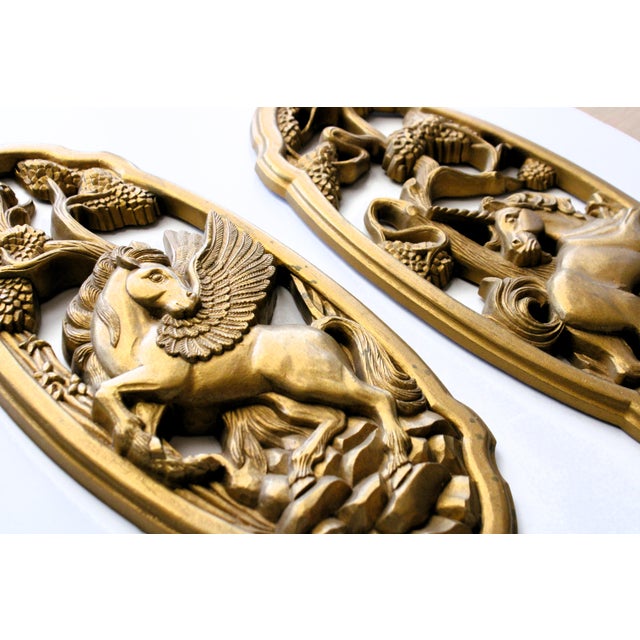 1970's Gilded Wall Plaque Pair/Mythical Creatures/Antique Gold For Sale - Image 4 of 4