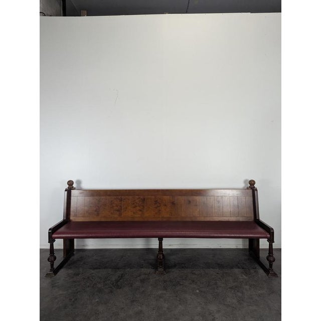 Art Deco Brasserie Bench in Oak and Burl Wood with Burgundy Imitation Leather Seat, 1930s For Sale - Image 4 of 11