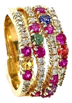 1.42 Carat Natural Multi Color Sapphire Diamond Yellow Gold Cocktail Ring