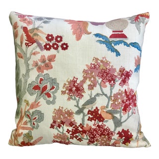 Flowers and Feathers on Linen Pillow For Sale