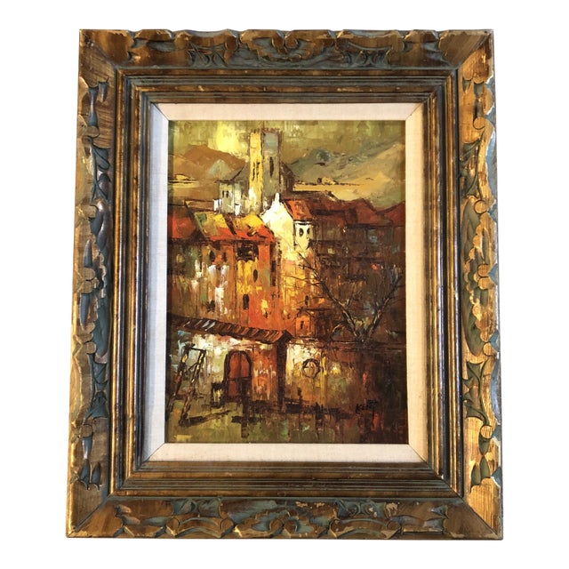 Mid Century Modern Abstract Cityscape Carved Original Frame Signed For Sale