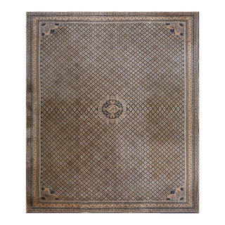 Rectangle Wool Allover Geometric Hand Knotted Pile 1920s Large Antique Blue Rug For Sale