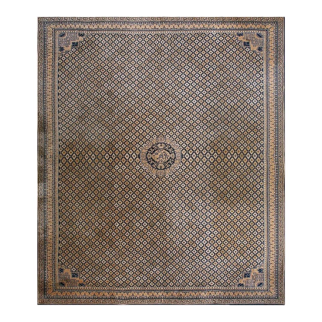 Rectangle Wool Allover Geometric Hand Knotted Pile 1920s Large Antique Blue Rug For Sale