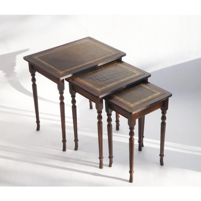 French Wooden Nesting Tables with Brown Inlaid Leather, 1930s, Set of 3 For Sale - Image 10 of 10
