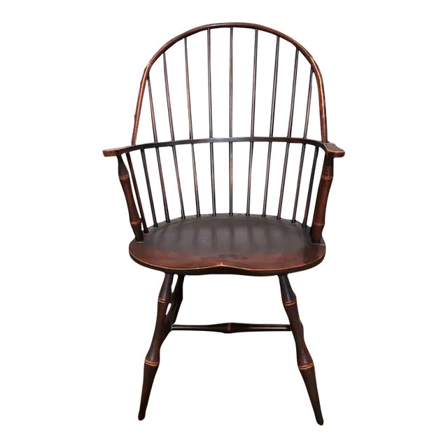 David T. Smith Sack Back Windsor Arm Chair Bench Made Black Crackle Finish Ohio For Sale