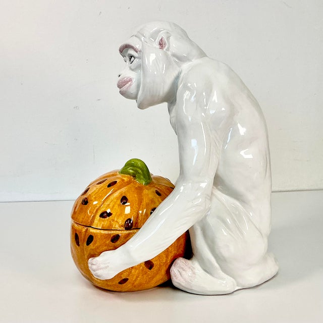 Ceramic 1940s Vintage Majolica Chinoiserie Hollywood Regency Figural Monkey Holding Pumpkin Gourd For Sale - Image 7 of 18
