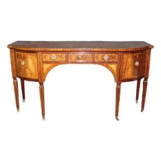 1990s Baker Furniture Mahogany Inlaid Sideboard – Neoclassical Demi-Lune Server With Leather Top & Brass Accents For Sale