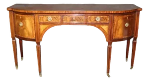 1990s Baker Furniture Mahogany Inlaid Sideboard – Neoclassical Demi-Lune Server With Leather Top & Brass Accents