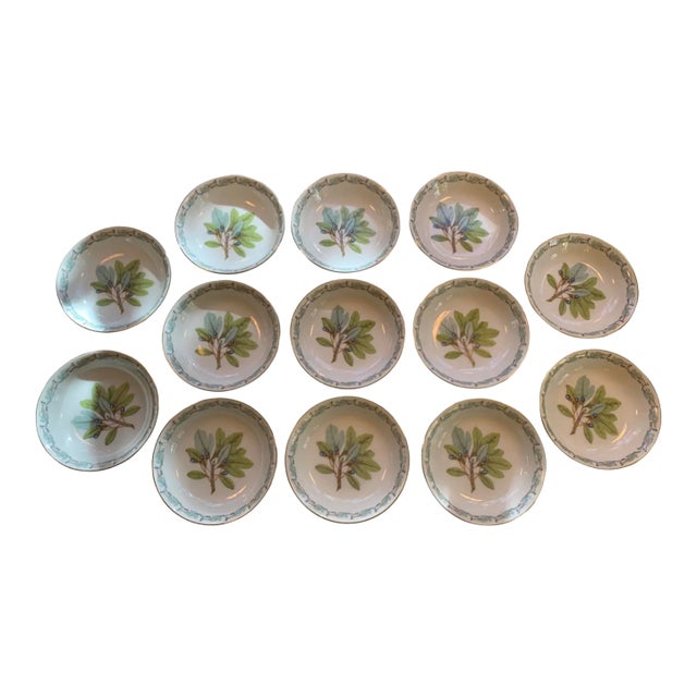 1940's Blue & Green Botanical Berry or Dessert Bowls Set of 13 For Sale