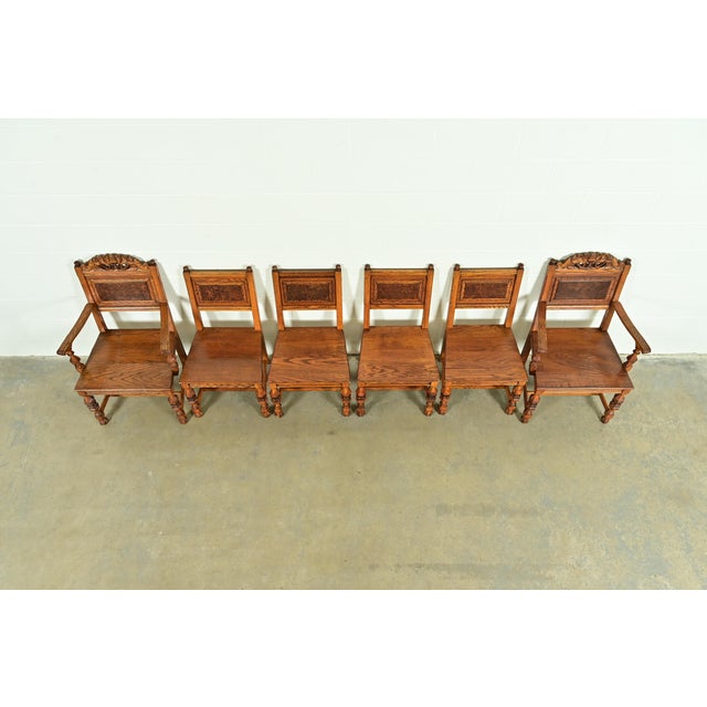 Early 20th Century Early Romweber Antique English Jacobean Carved Oak and Burl Wood Dining Chairs, Set of Six For Sale - Image 5 of 13