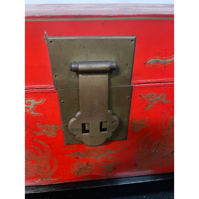 Chinese 1920s Antique Chinese Hand Painted Red Lacquer Trunk on Stand For Sale - Image 3 of 10
