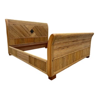 1980s Vintage Bamboo Rattan King Bed Frame For Sale
