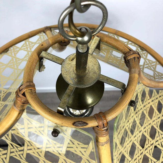 Wood Bamboo, Metal, Glass & Rattan Pendant Light, Italy, 1960s For Sale - Image 7 of 8