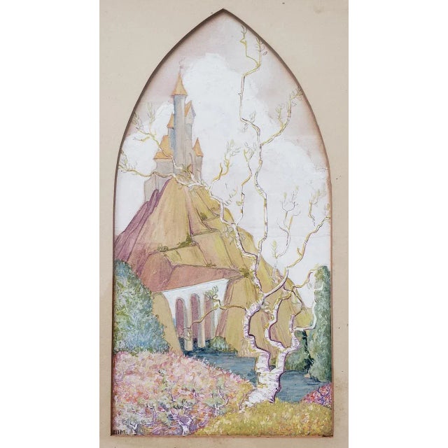 Yellow Fantasy Castle on a Hill Gouache Painting C.1920s For Sale - Image 8 of 10