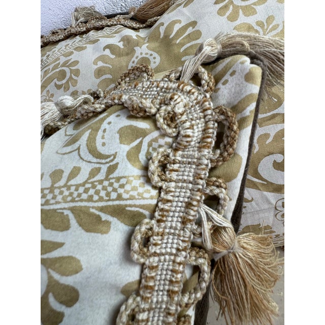 This is a pair of handcrafted Italian fortune pillows. This handcrafted Fortuny fabric is in tones of bronze and cream...