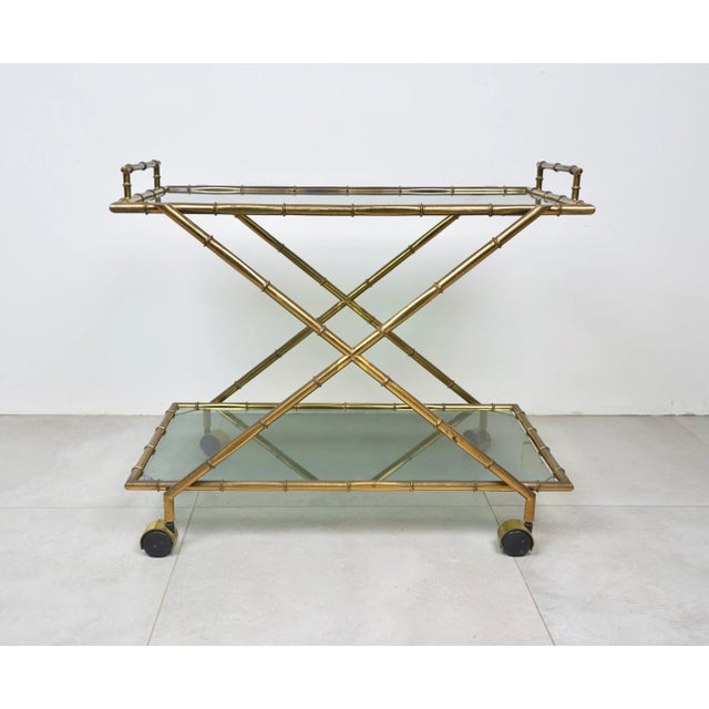 Faux Bamboo Brass & Smoked Glass Serving Cart from Rue Royale, France, 1960s For Sale - Image 3 of 18